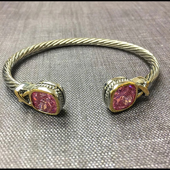 Open Two Tone Cuff Pink Crystal Bracelet,NWT - Picture 3 of 3